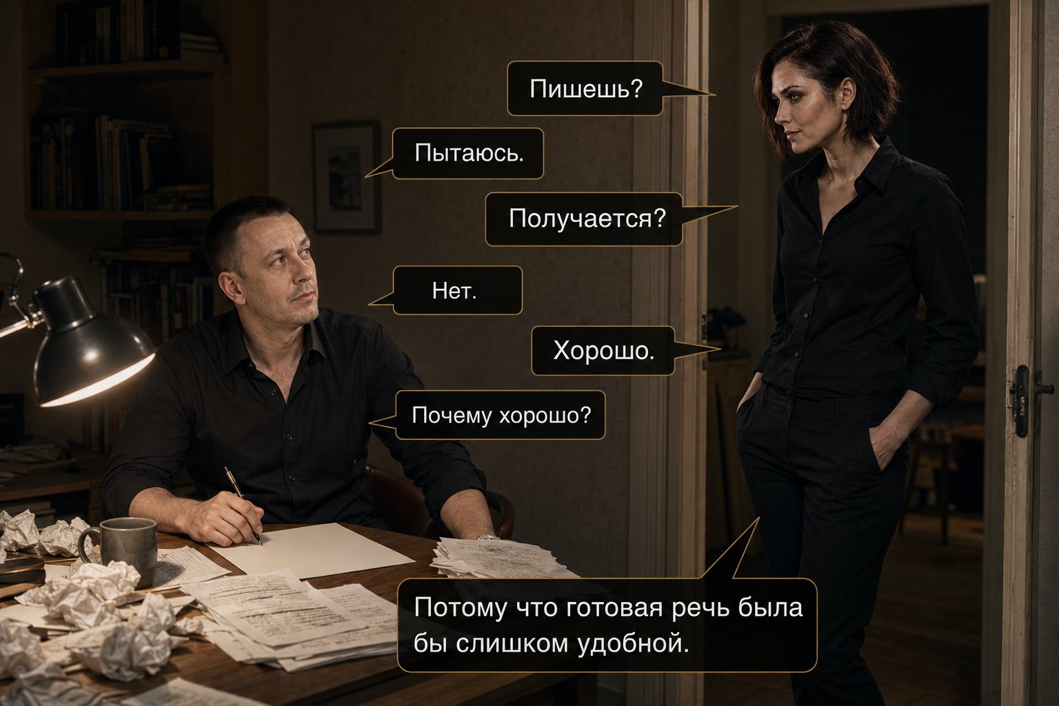 Лира появляется в дверях кабинета в чёрной рубашке, без доспехов Архивариуса — «Пишешь?» «Пытаюсь» «Получается?» «Нет» «Хорошо» «Почему хорошо?» «Потому что готовая речь была бы слишком удобной»
