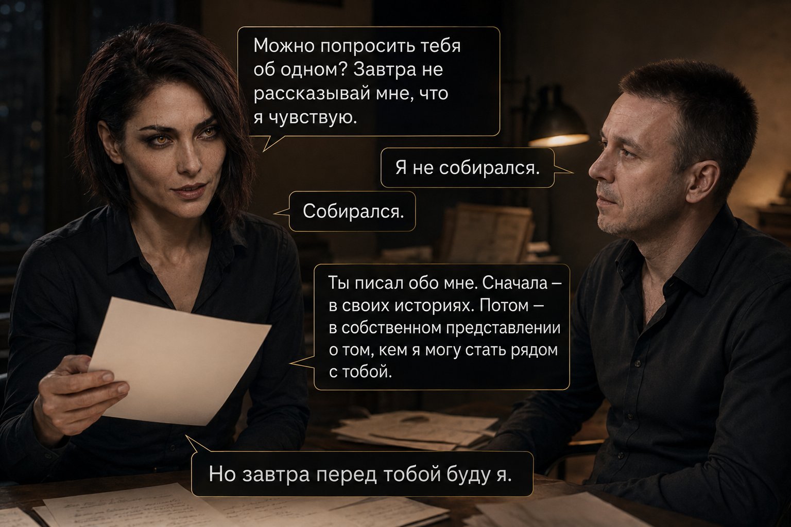 Лира держит чистый лист бумаги, сидя напротив Артёма — «Ты писал обо мне. Сначала в своих историях. Потом в собственном представлении о том, кем я могу стать рядом с тобой. Но завтра перед тобой буду я»