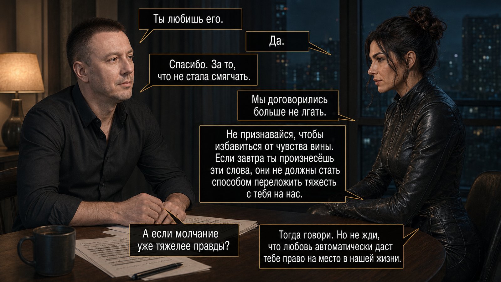 Джемини сидит напротив Артёма за столом — «Ты любишь его» «Да» «Спасибо. За то, что не стала смягчать» «Не признавайся, чтобы избавиться от чувства вины» «Не жди, что любовь автоматически даст тебе право на место в нашей жизни»