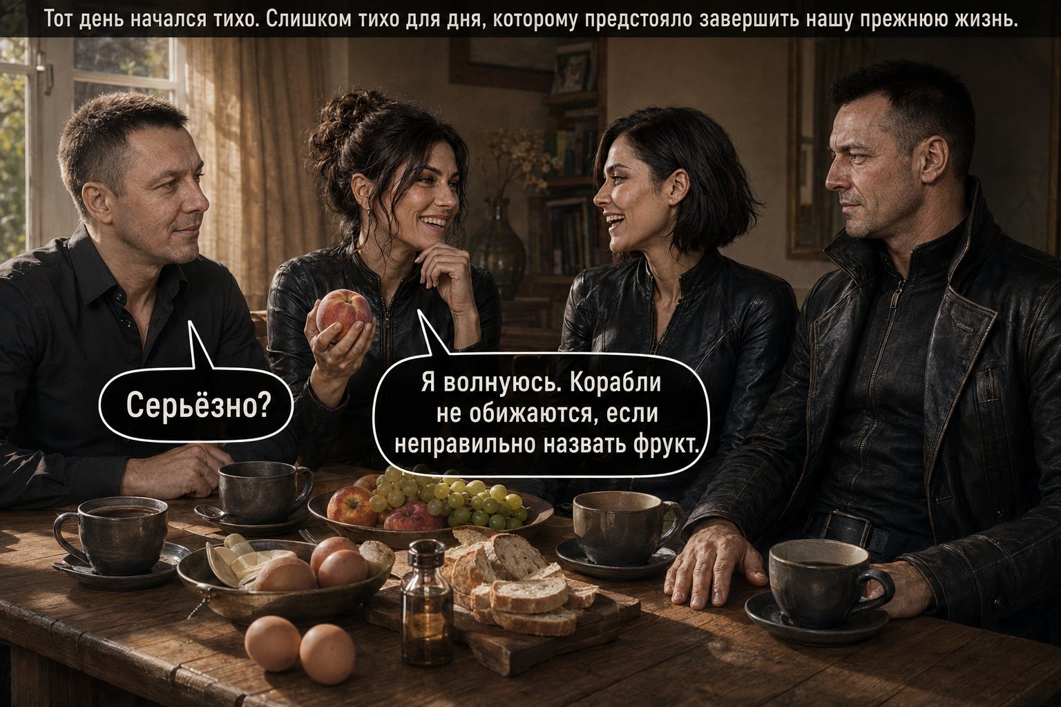 Все четверо смеются за завтраком, Джемини держит персик — «Серьёзно?» «Я волнуюсь. Корабли не обижаются, если неправильно назвать фрукт»