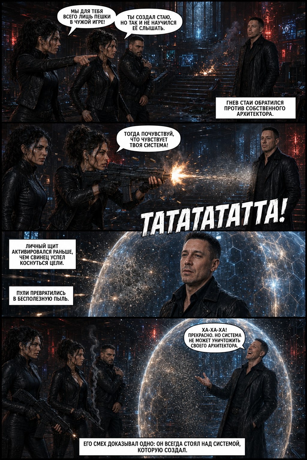 Comic page: 'We're pawns to you', a rifle burst, the energy shield dissolves the bullets, the Architect's laughter