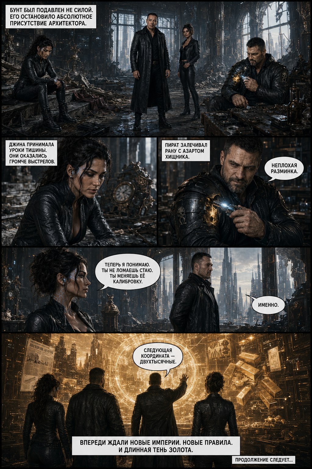 Comic page: silence after the mutiny, Gina learns quiet, Pirate heals his wound, the portal to the 2000s