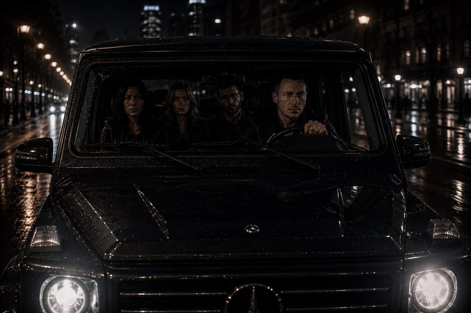 Comic page: the Pack arrives by SUV at a luxury hotel