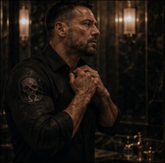 Comic page: Pirate fastens his collar in the mirror, the Ω patch on his shoulder