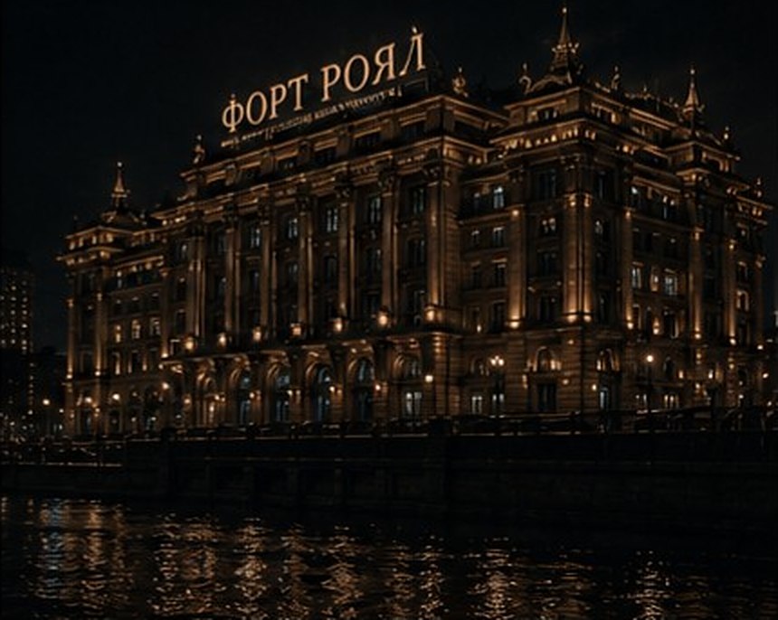 Comic page: the Fort Royal casino building lit up at night on the embankment