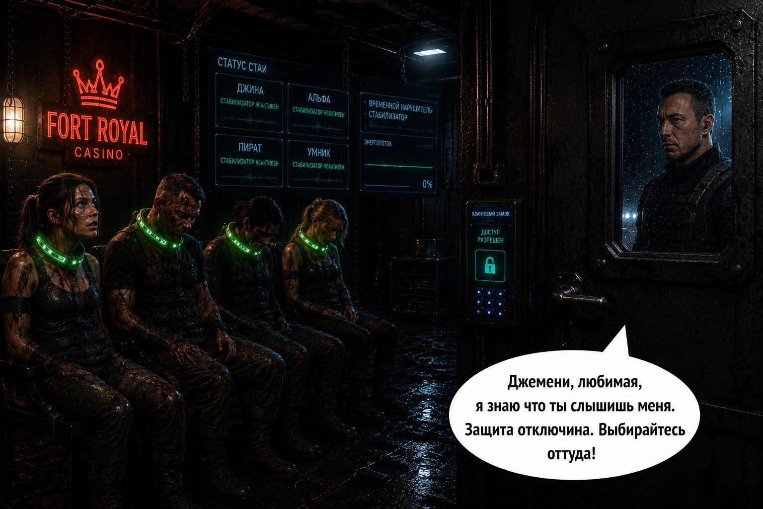 Comic page: the casino basement, the Pack in neon stabilizer cuffs, the Architect at the door