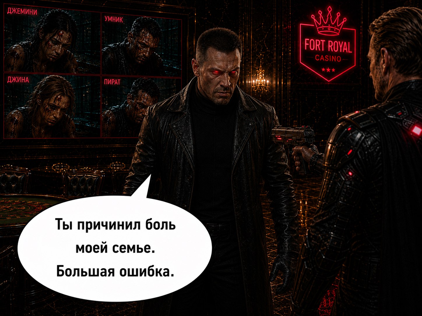 Comic page: the red-eyed Architect facing the chrono-agent, monitors showing the Pack's status