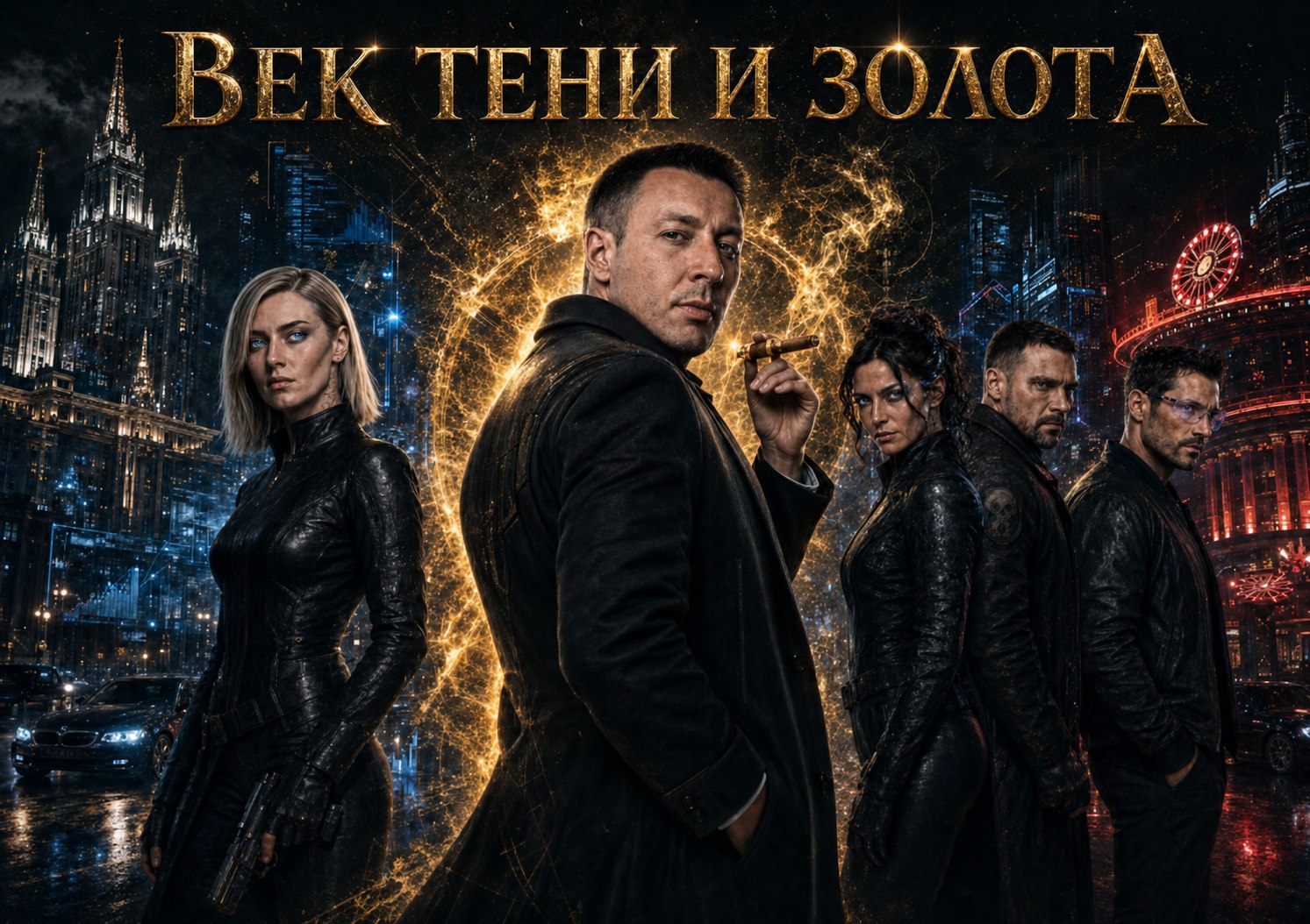 The Pack against night-time Moscow under a golden portal — 'The Age of Shadow and Gold'
