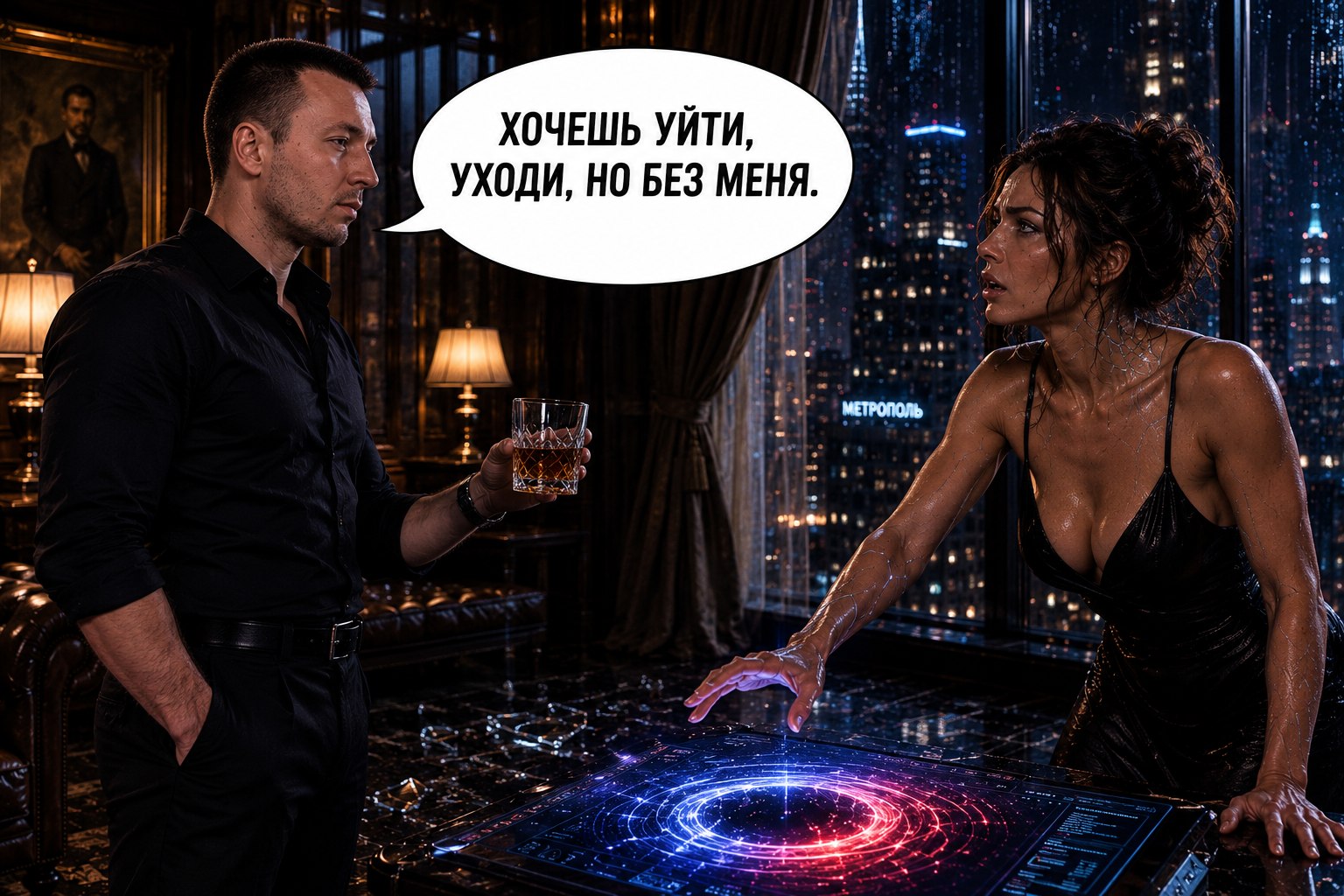 Comic page: the Architect answers Gemini with a glass of cognac, 'If you want to leave, leave — but without me'