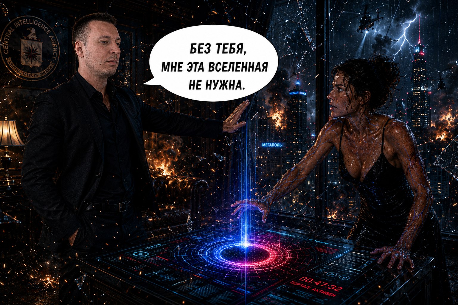 Comic page: Gemini blocking the active portal console, 'Without you I don't need this universe'