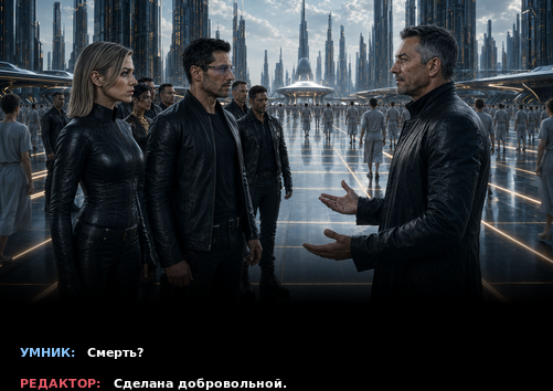Комикс-кадр: «Смерть?» — «Сделана добровольной»