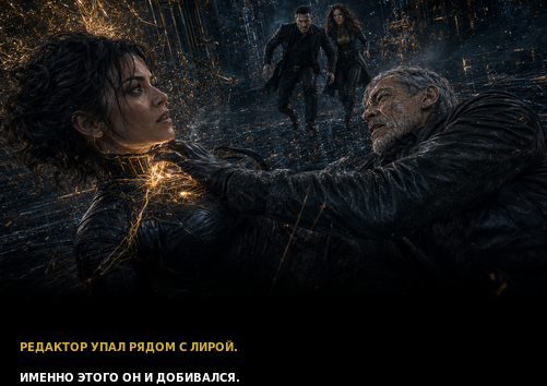 Комикс-кадр: Редактор упал рядом с Лирой — именно этого он и добивался