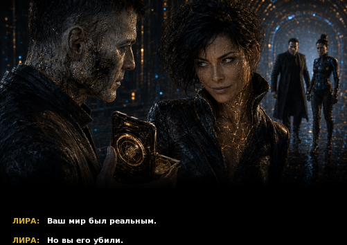 Комикс-кадр: «Ваш мир был реальным» — «Но вы его убили»